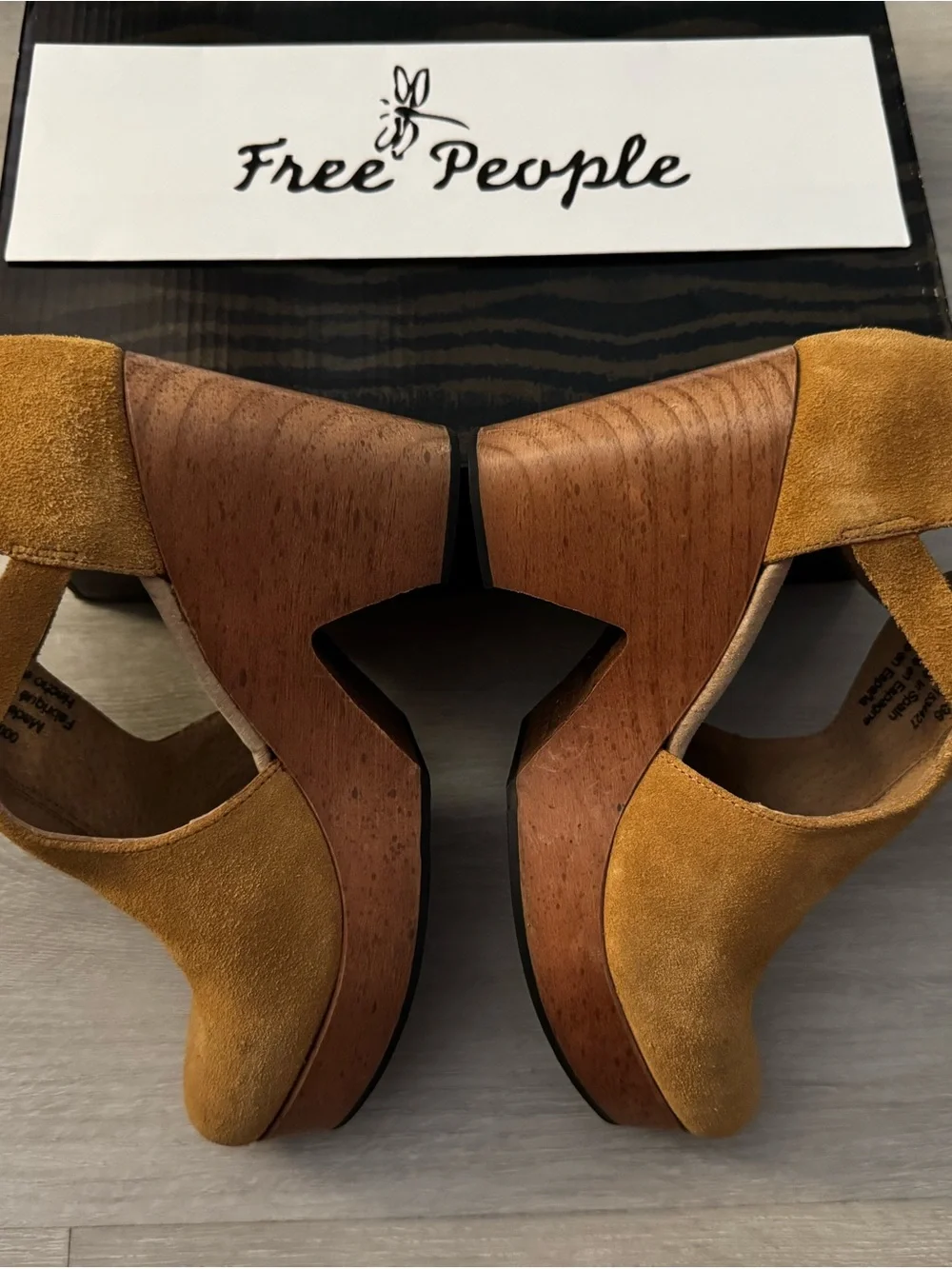 Free People Cedar Clogs, featuring tan suede with a chunky wooden platform heel